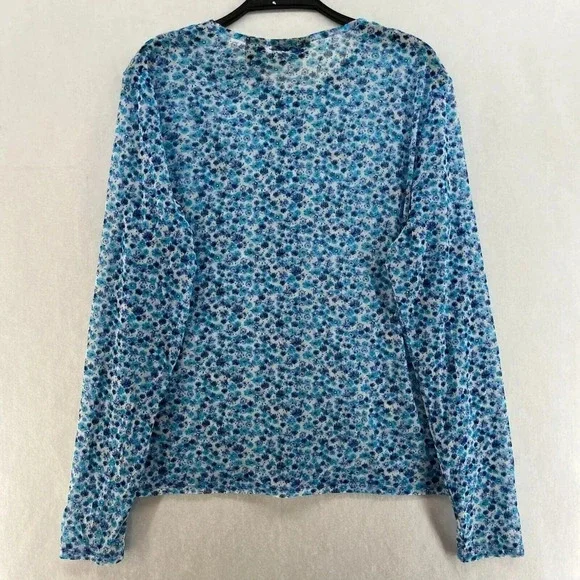 New York & Company Blouse Womens XL Blue Floral Button-Up Round Neck Long Sleeve - Picture 2 of 11